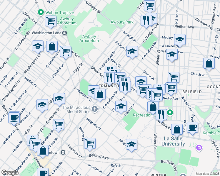 map of restaurants, bars, coffee shops, grocery stores, and more near 730 East Chelten Avenue in Philadelphia