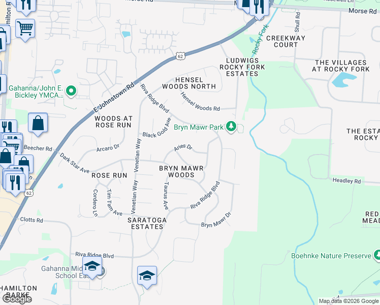 map of restaurants, bars, coffee shops, grocery stores, and more near 900 Aries Drive in Columbus