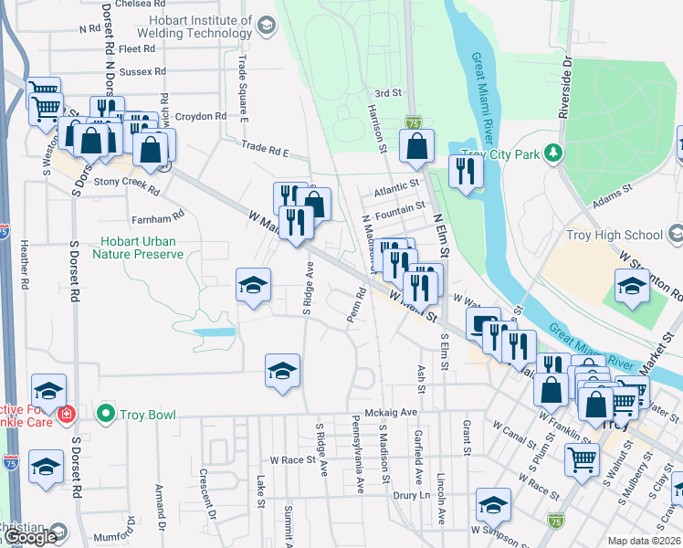 map of restaurants, bars, coffee shops, grocery stores, and more near 1011 West Main Street in Troy