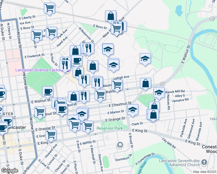 map of restaurants, bars, coffee shops, grocery stores, and more near 752 East Madison Street in Lancaster