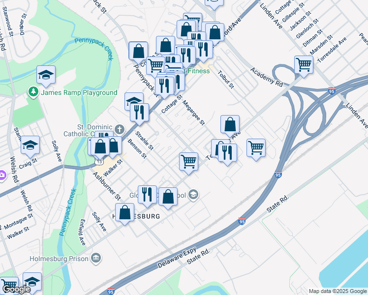 map of restaurants, bars, coffee shops, grocery stores, and more near 4546 Pennypack Street in Philadelphia