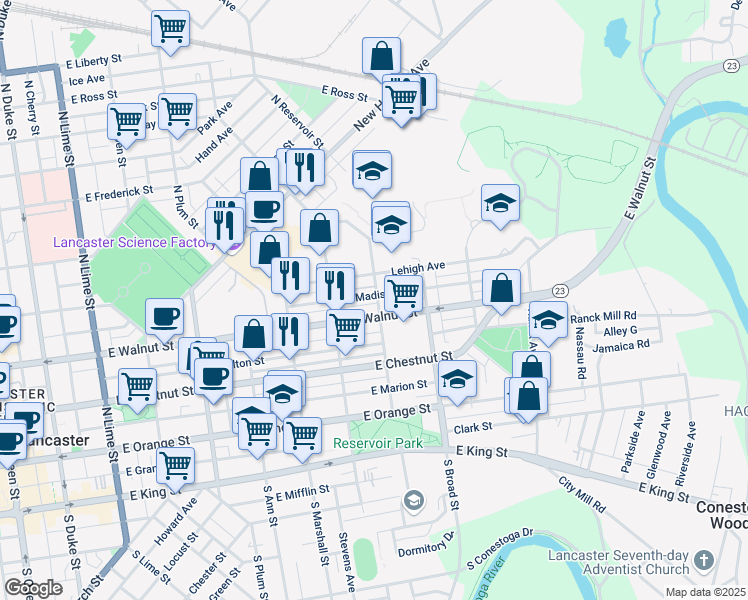 map of restaurants, bars, coffee shops, grocery stores, and more near 752 East Madison Street in Lancaster