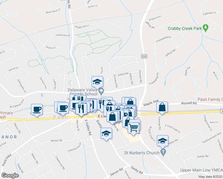 map of restaurants, bars, coffee shops, grocery stores, and more near 30 East Central Avenue in Paoli