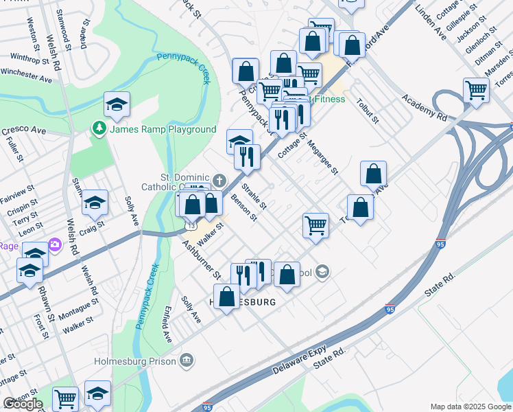 map of restaurants, bars, coffee shops, grocery stores, and more near 4460 Strahle Street in Philadelphia