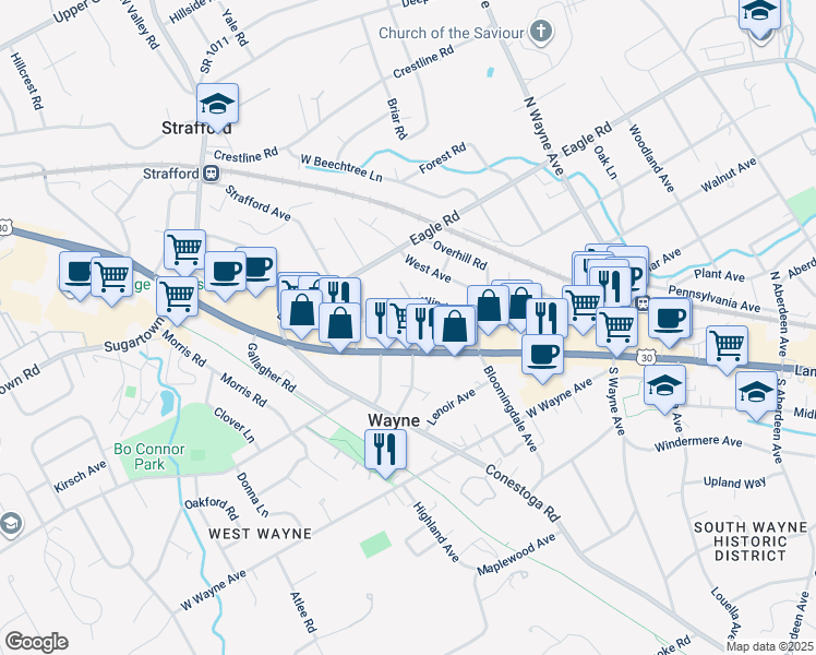 map of restaurants, bars, coffee shops, grocery stores, and more near 20 Farm Road in Wayne
