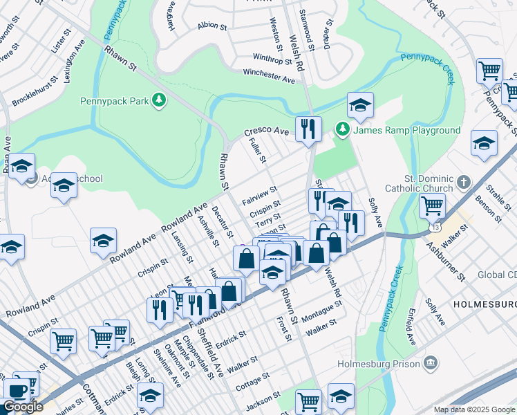 map of restaurants, bars, coffee shops, grocery stores, and more near 8014 Crispin Street in Philadelphia