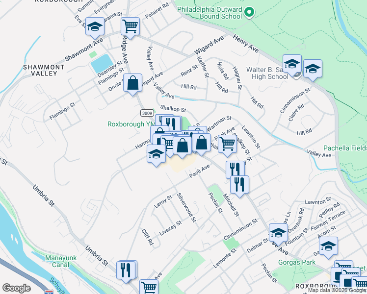 map of restaurants, bars, coffee shops, grocery stores, and more near Ridge Ave & Domino Ln in Philadelphia