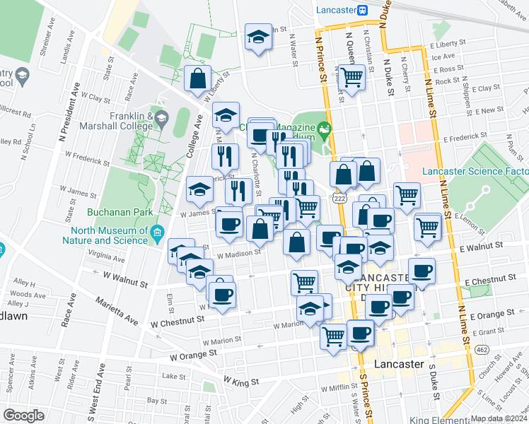 map of restaurants, bars, coffee shops, grocery stores, and more near 443 North Charlotte Street in Lancaster