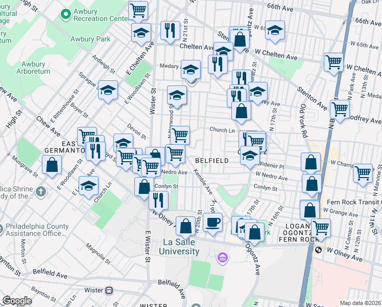 map of restaurants, bars, coffee shops, grocery stores, and more near 5962 West Champlost Avenue in Philadelphia