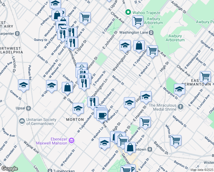 map of restaurants, bars, coffee shops, grocery stores, and more near 133 East Mayland Street in Philadelphia