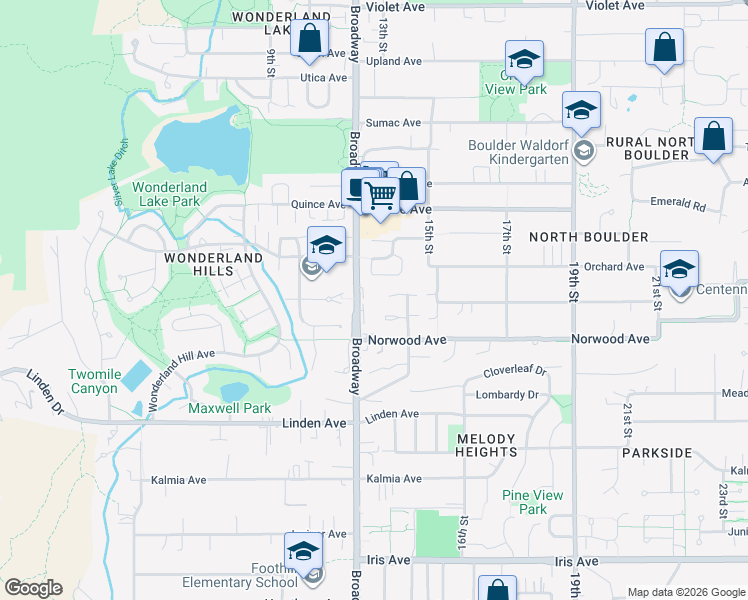 map of restaurants, bars, coffee shops, grocery stores, and more near 3870 Broadway in Boulder