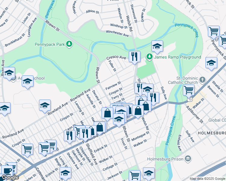 map of restaurants, bars, coffee shops, grocery stores, and more near 8014 Crispin Street in Philadelphia