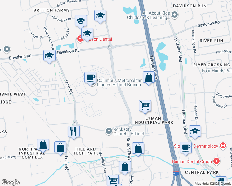map of restaurants, bars, coffee shops, grocery stores, and more near 4764 Britton Parkway in Hilliard