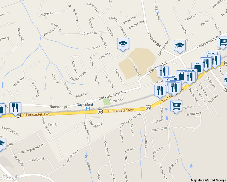 map of restaurants, bars, coffee shops, grocery stores, and more near 1132 Old Lancaster Road in Berwyn