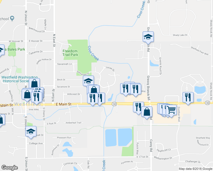 map of restaurants, bars, coffee shops, grocery stores, and more near 17702 Willow Creek Way in Westfield