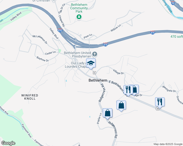 map of restaurants, bars, coffee shops, grocery stores, and more near 22 Chapel Road in Wheeling