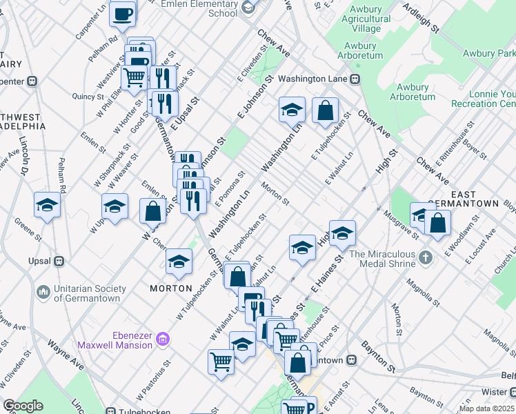 map of restaurants, bars, coffee shops, grocery stores, and more near 150 East Mayland Street in Philadelphia