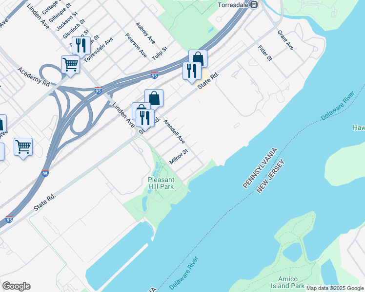 map of restaurants, bars, coffee shops, grocery stores, and more near 5120 Arendell Avenue in Philadelphia