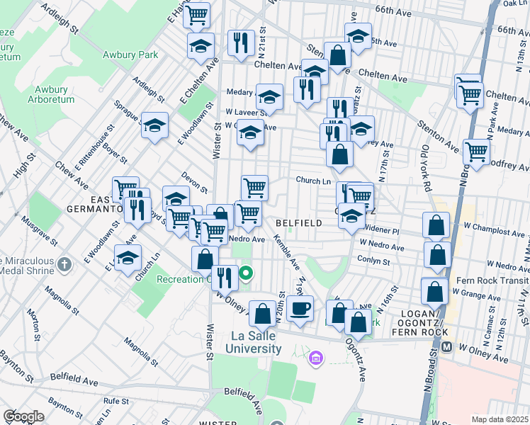 map of restaurants, bars, coffee shops, grocery stores, and more near 5965 Kemble Avenue in Philadelphia
