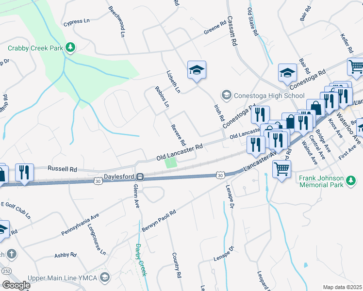 map of restaurants, bars, coffee shops, grocery stores, and more near 1132 Old Lancaster Road in Berwyn