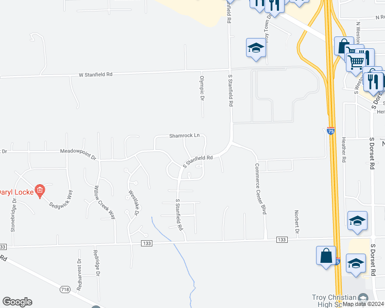 map of restaurants, bars, coffee shops, grocery stores, and more near 2201 Morning Glory Drive in Troy