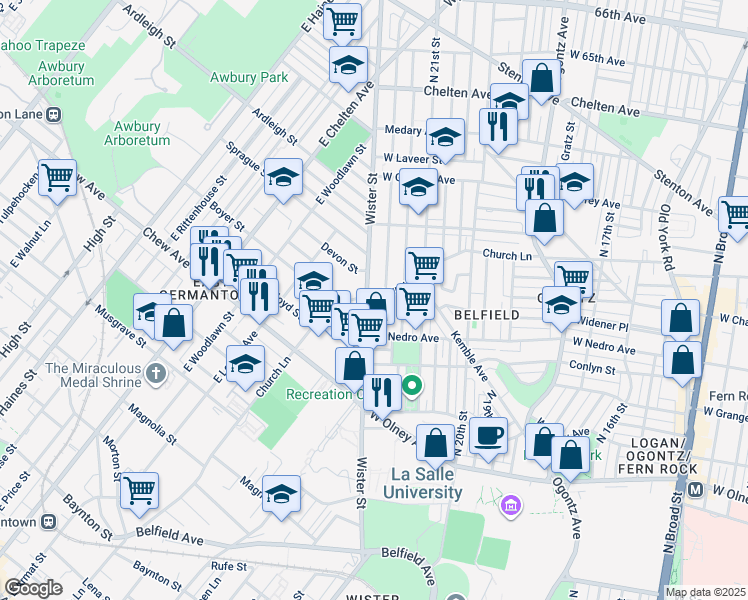 map of restaurants, bars, coffee shops, grocery stores, and more near 2164 Church Lane in Philadelphia