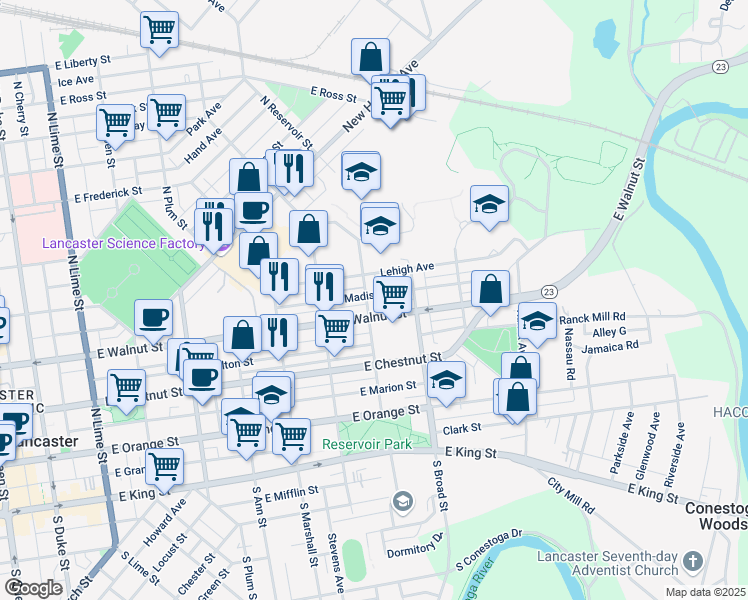 map of restaurants, bars, coffee shops, grocery stores, and more near 319 North Reservoir Street in Lancaster