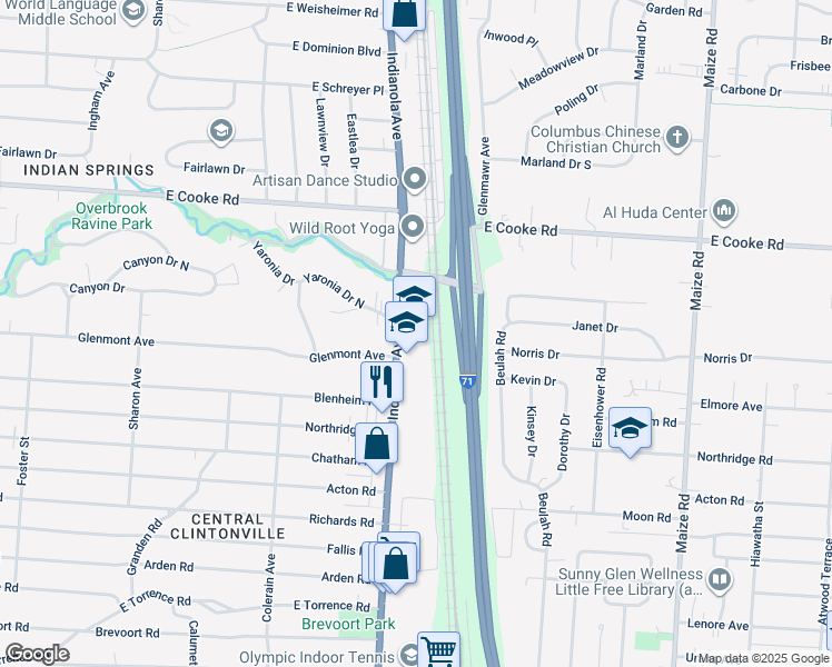 map of restaurants, bars, coffee shops, grocery stores, and more near 3950 Indianola Avenue in Columbus