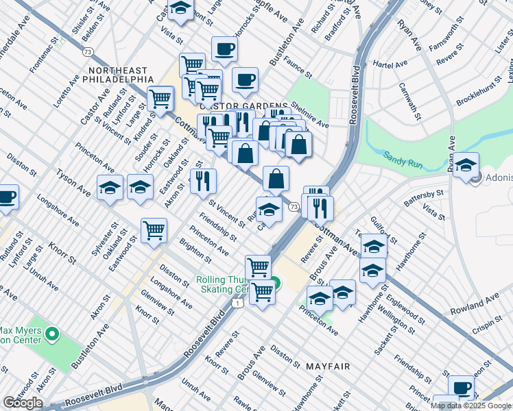 map of restaurants, bars, coffee shops, grocery stores, and more near 7240 Rupert Street in Philadelphia