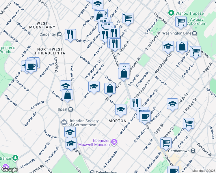 map of restaurants, bars, coffee shops, grocery stores, and more near 120 West Cliveden Street in Philadelphia