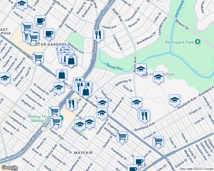 map of restaurants, bars, coffee shops, grocery stores, and more near 7423 Brous Avenue in Philadelphia