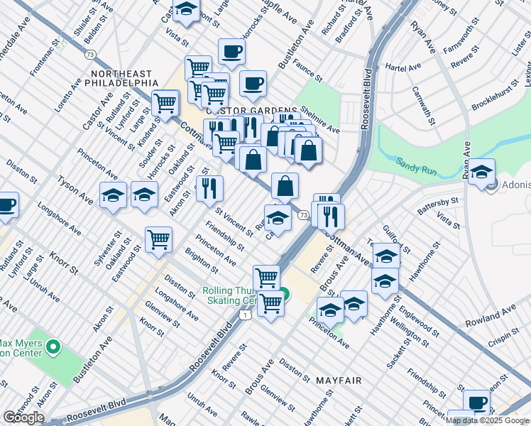 map of restaurants, bars, coffee shops, grocery stores, and more near 7240 Rupert Street in Philadelphia