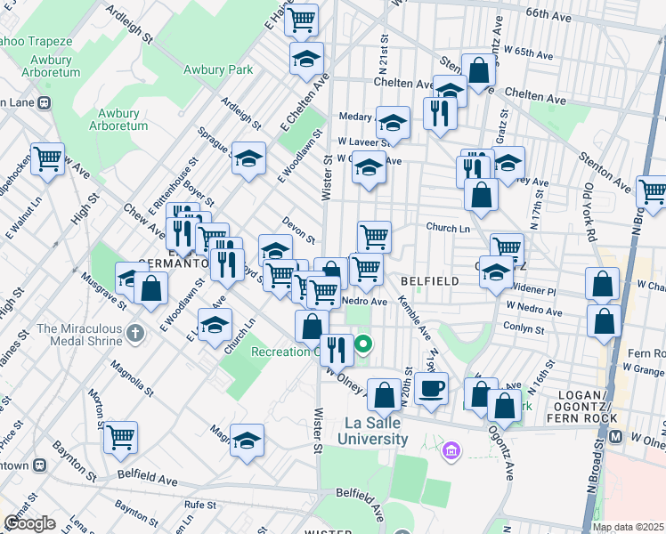 map of restaurants, bars, coffee shops, grocery stores, and more near 2158 Church Lane in Philadelphia