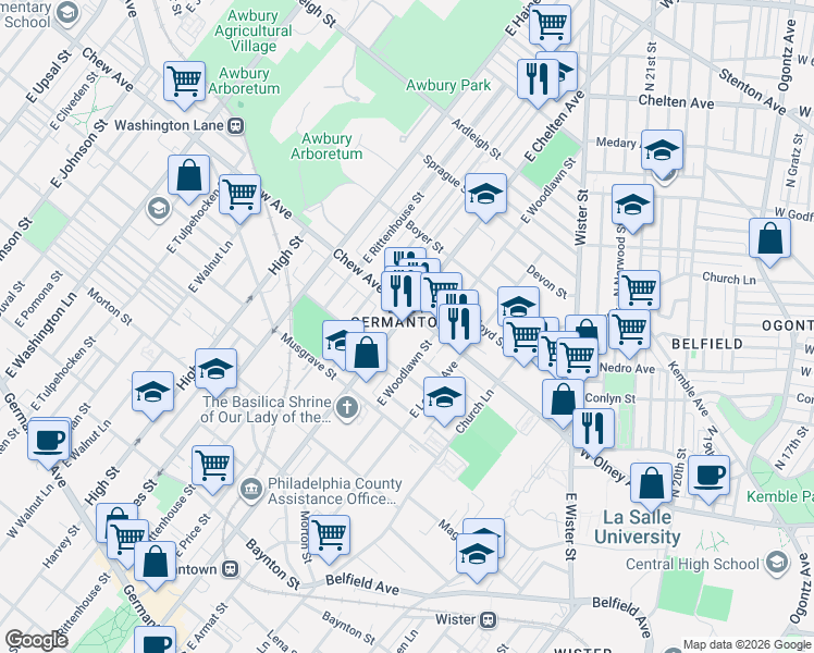 map of restaurants, bars, coffee shops, grocery stores, and more near in Philadelphia
