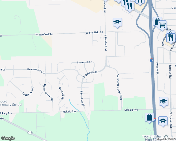 map of restaurants, bars, coffee shops, grocery stores, and more near 2203 Morning Glory Drive in Troy