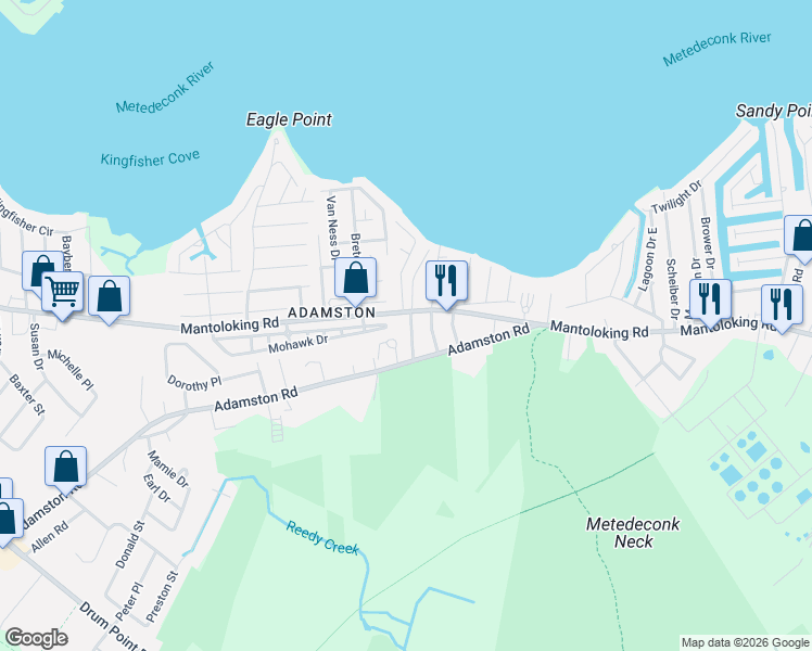 map of restaurants, bars, coffee shops, grocery stores, and more near 418 Mantoloking Road in Brick Township