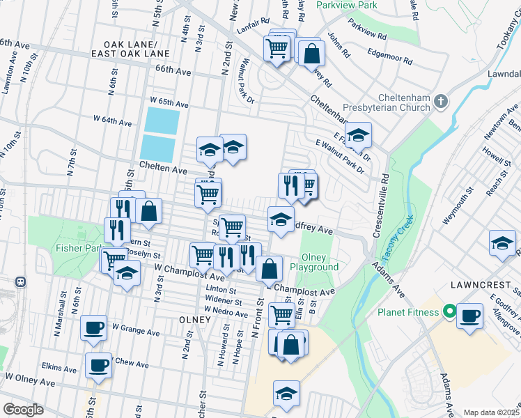 map of restaurants, bars, coffee shops, grocery stores, and more near 6214 North Hope Street in Philadelphia