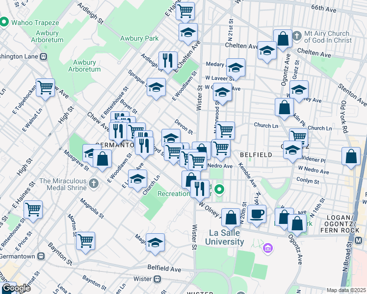 map of restaurants, bars, coffee shops, grocery stores, and more near 921R39 Church Lane in Philadelphia