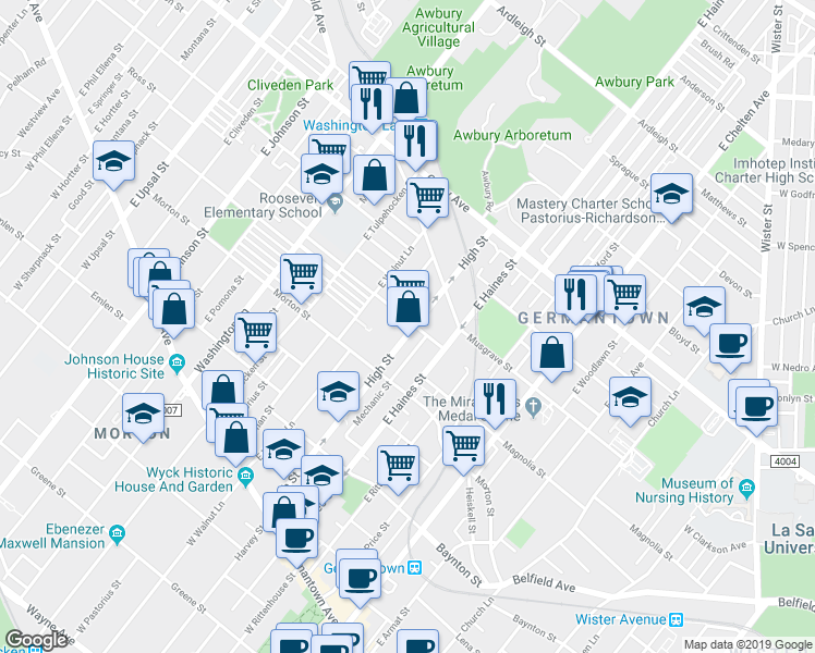 map of restaurants, bars, coffee shops, grocery stores, and more near 6029 Magnolia Street in Philadelphia
