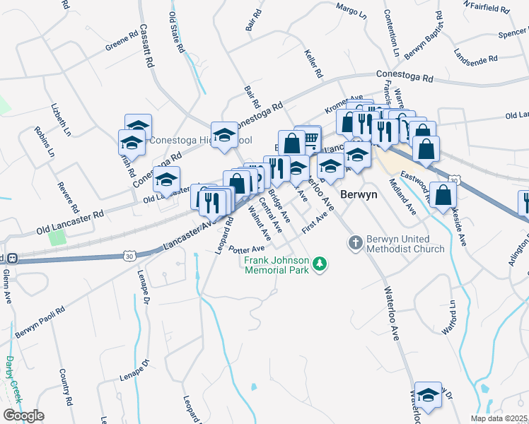 map of restaurants, bars, coffee shops, grocery stores, and more near 802 Lancaster Avenue in Berwyn