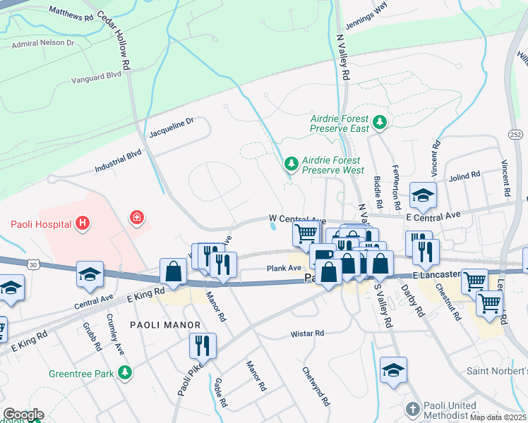 map of restaurants, bars, coffee shops, grocery stores, and more near 18 Summit Avenue in Paoli