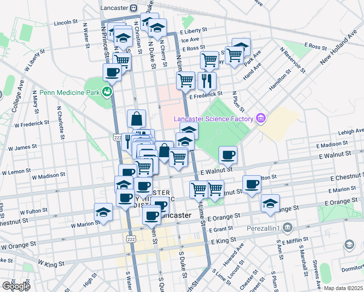 map of restaurants, bars, coffee shops, grocery stores, and more near 139 Spruce Street in Lancaster