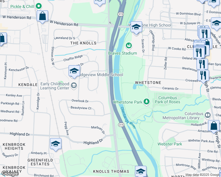 map of restaurants, bars, coffee shops, grocery stores, and more near 4169 Olentangy River Road in Columbus