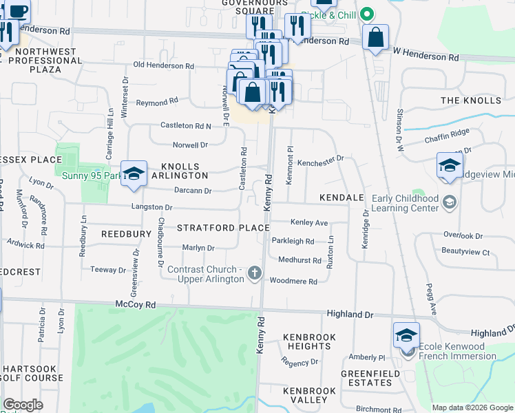 map of restaurants, bars, coffee shops, grocery stores, and more near 4230 Chaucer Lane in Upper Arlington