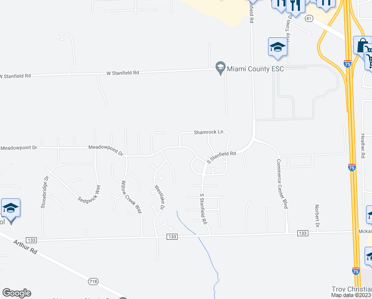 map of restaurants, bars, coffee shops, grocery stores, and more near 2382 Meadowpoint Drive in Troy