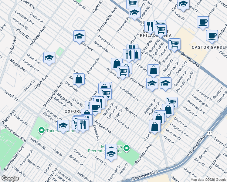 map of restaurants, bars, coffee shops, grocery stores, and more near Castor Avenue & Glenview Street in Philadelphia