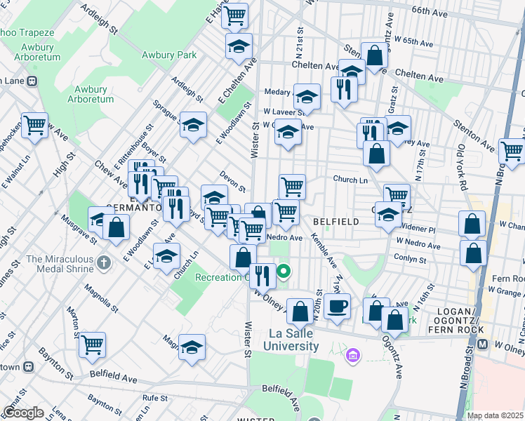 map of restaurants, bars, coffee shops, grocery stores, and more near 2152 Church Lane in Philadelphia
