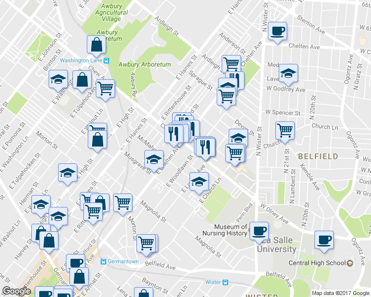 map of restaurants, bars, coffee shops, grocery stores, and more near 5650 Chew Avenue in Philadelphia