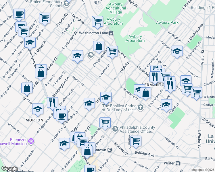 map of restaurants, bars, coffee shops, grocery stores, and more near 6029 Magnolia Street in Philadelphia