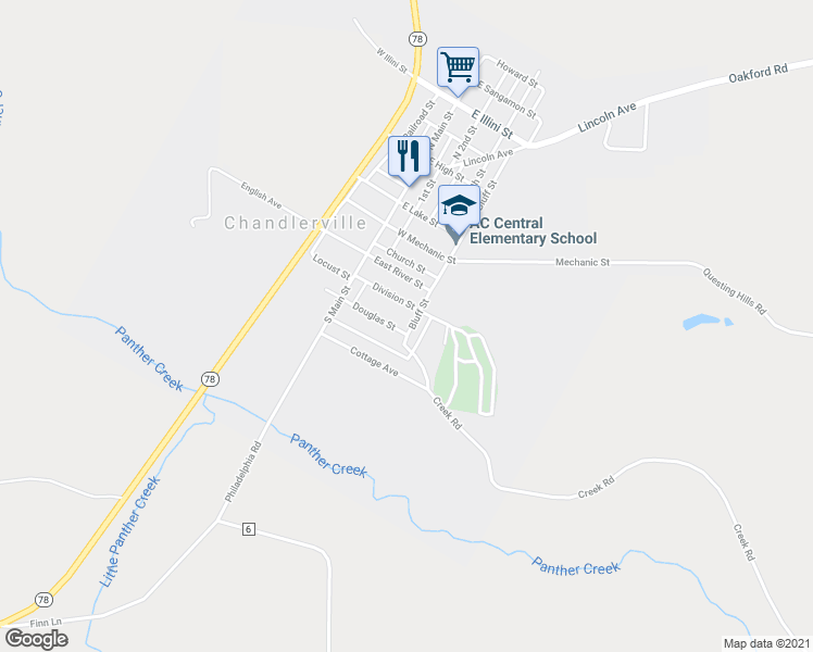 map of restaurants, bars, coffee shops, grocery stores, and more near Bluff Street in Chandlerville